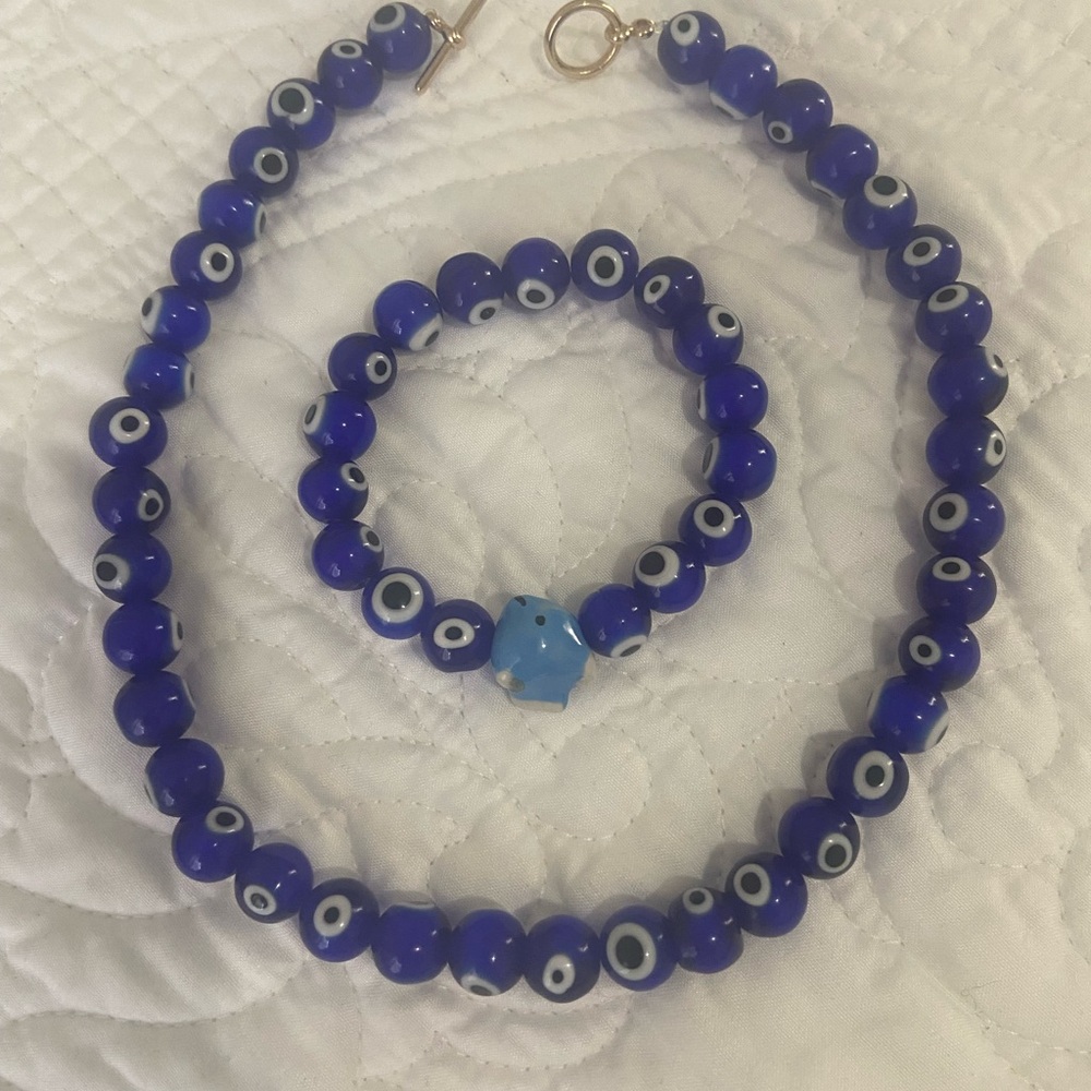 Blue Evil Eye Necklace and Bracelet Set